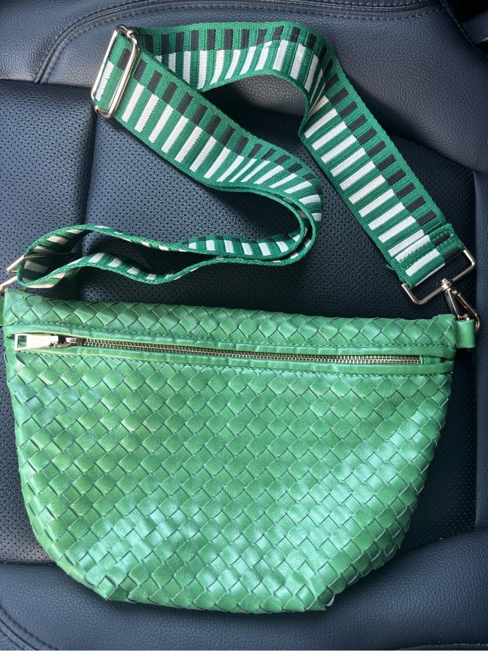 Pretty Simple brand Green Woven Crossbody Bag with Striped Strap